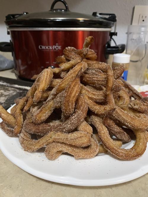 Made a mountain of wacky shaped churros tonight. They turned out pretty good. The wife loved them!So