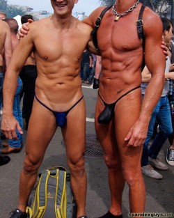 thong-jock:  thong-jock:  Smokin hot kiwi thong buddy on the right flies the thong flag with his mate at Folsom Street Fair!  2fortuesday! 