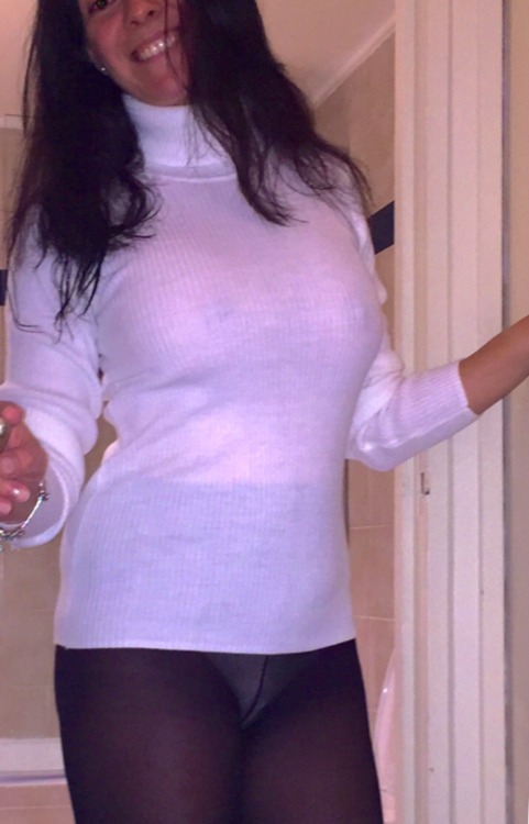 fantasylovingwife:  Preparing for a braless dinner out. Immagine the surprise when I took my jacket off!