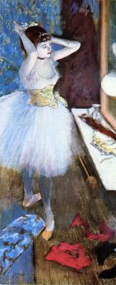 artist-degas: Dancer in Her Dressing Room, Edgar DegasMedium: pastel