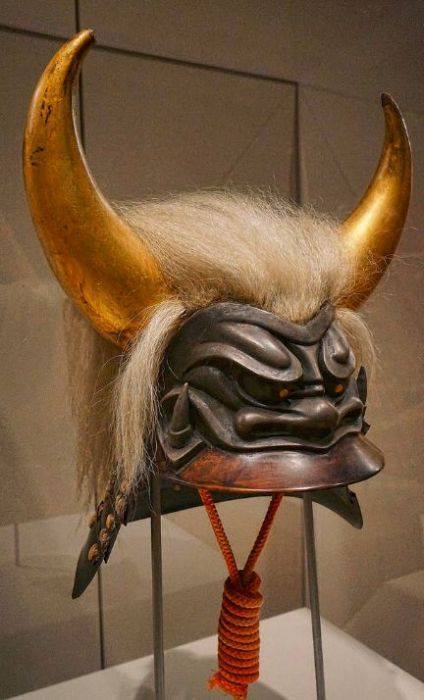 A yak-haired kawari kabuto in the shape of a fierce-looking but protective horned Oni demon head Jap