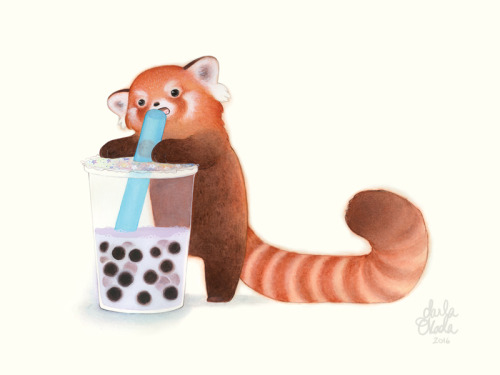 durnesque-esque: whisper-in-rage: twoblackcatsstudio: Red panda with a boba! ©2016 Darla Okada 