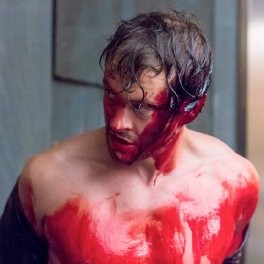 patroclusdefencesquad:blood covered hugh dancy bts of hannibal my beloved ❤️