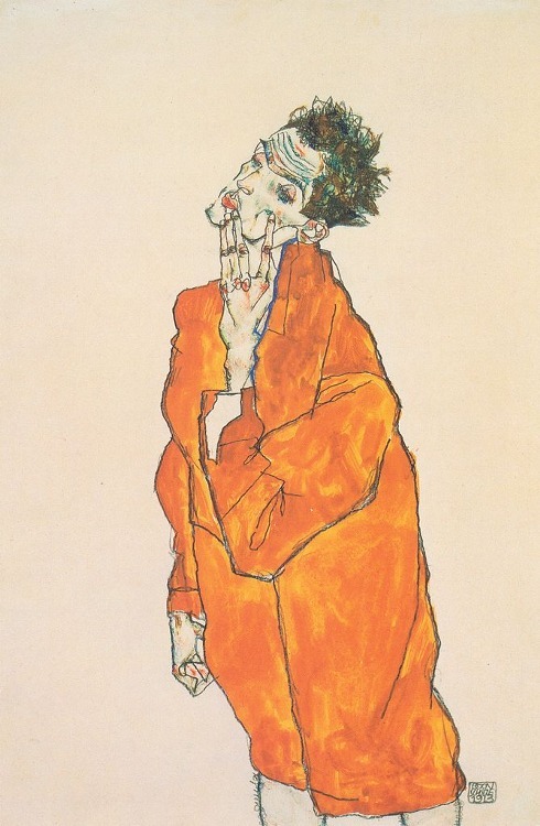 beauxdraps:   Egon Schiele, self-portrait in orange jacket (1913)