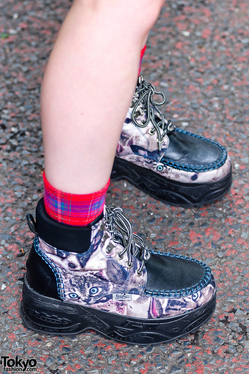 tokyo-fashion: Japanese idol Kashiko Koko on the street in Harajuku wearing a HEIHEI plaid collar ov