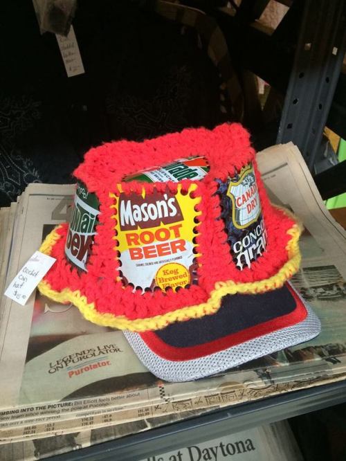 shiftythrifting:Found this crochet soda can hat at an antique store in Knoxville, TN and I felt comp