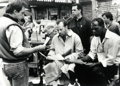  John McTiernan, Bruce Willis and Samuel L. Jackson on the set of Die Hard with a Vengeance.