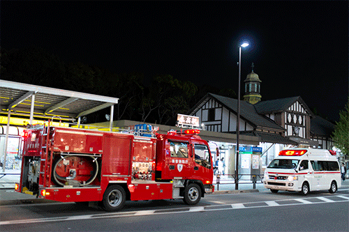 Fire engine & ambulance in front of Harajuku Station, Tokyo.