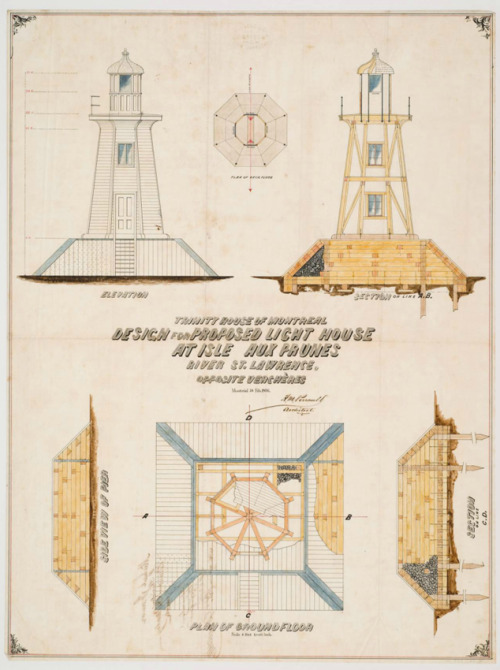 Henri-Maurice Perrault, Lighthouses for the St. Lawrence river, 1865-67.Drawing on tracing cloth. Mo