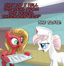 askpun:  So there are “some” downsides to using your mouth for manipulating objects.  Nurse Redheart was just kidding though, some of that hospital humor… I think. Artwork by DCPIPScript #895