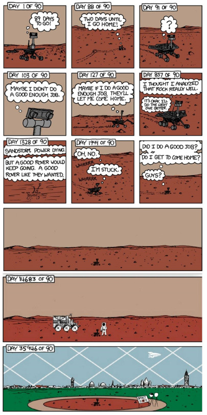 stickybitch:  nbcsmostwanted:  myhomework-is-onfire:  newromaantics: this morning NASA abandoned their mars rover Opportunity (aka Oppy) because it (she) got hit by a storm on Mars and it knocked her camera and wheels out and her last words to the team