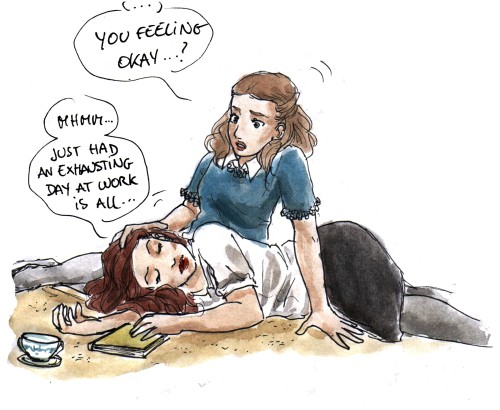 toodrunktofindaurl:  An exhausted Peggy and an overly affectionate Angie. Just a normal evening at the Stark mansion.(for anamatics)