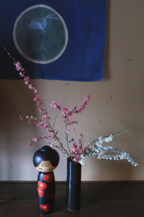 Ikebana - April Flowers from the GardenFlowering Almond and white Spirea.