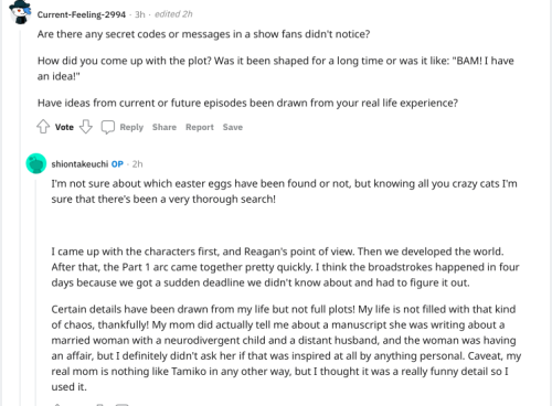 cognitosclowns:Some highlights from the Shion Takeuchi/Inside Job Reddit AMA!! I probably missed a b