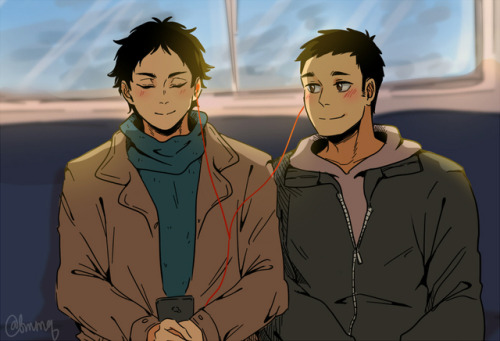 bringmemyqueen: akaashi rarepair week - day 3: dance / music / song inspiredsharing earphones