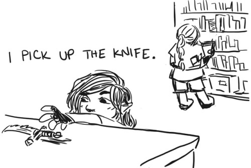 freshwaterbear: freshwaterbear:  honeybunchesofjokes:  honeybunchesofjokes:  Turns out the knife was cursed “I pick up the knife” is now a mini-meme among my party and obviously it just means “I did something impulsive and now it’s going to take