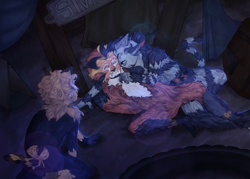 a digital drawing of the rum tum tugger, macavity and munkustrap as kittens playing in the junkyard, lit by blue moonlight. munkustrap is atop macavity and is wrestling him to the ground as they both laugh, and rum tum tugger, who's still too small a kitten to join them, sits and watches them while grinning. it's easy to get the impression he adores his older brothers.
