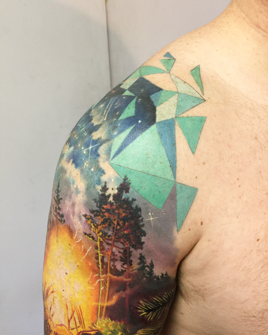 This campfire and sinking canoe tattoo is one of the most time consuming and detailed half sleeves I’ve ever done on the ever so patient David. Thank you for sticking it out and for the conversations! Mostly healed, including...