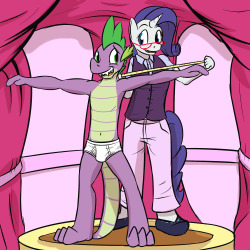 Spike standing in his briefs as Rarity measures him for an outfit.