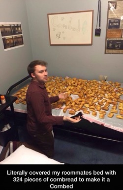foreveralone-lyguy:  thebrightstar:  friendly-neighborhood-patriarch:  darkenedgamr:  That’s a lot of cornbread.  that man’s face  He’s EATING it  How else would you get rid of 324 pieces of cornbread