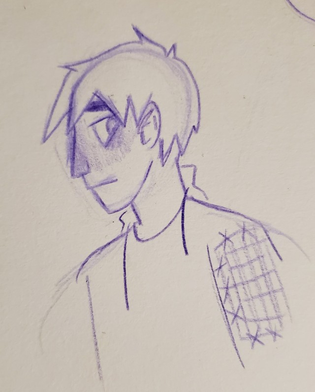 a purple pencil bust sketch of Virgil, facing to the side and looking upset