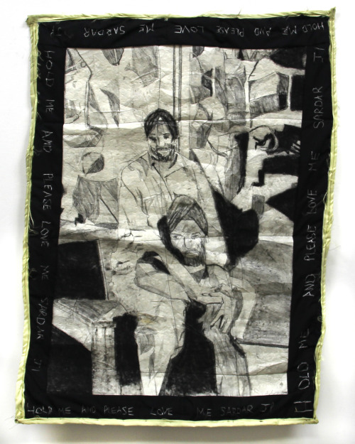 Hold me and please love me Sardar ji
handmade paper, sewn with block patterned bordered fabric, batted, basted, binded into a quilt, embroidered silk text
29 x 39 inches
2021