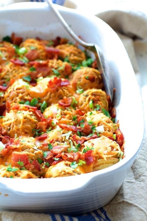 Baby Hasselback Potato Bake with Cheddar and Bacon Get the recipe