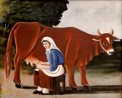 artist-niko-pirosmani:  Woman milks a cow, 1916, Niko Pirosmani Medium: oil,cardboard