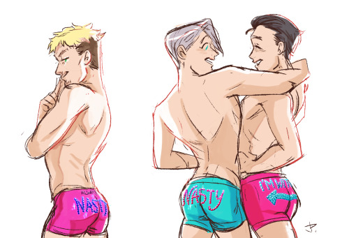 jokeritadoodle:  Drew some YOI sketches after a full week of nonstop school work! feel much much better now hahaha. Larry helped me out with the bedazzling undies and putting the effects on the first one lol @ikkoros and I work so hard to make the effect