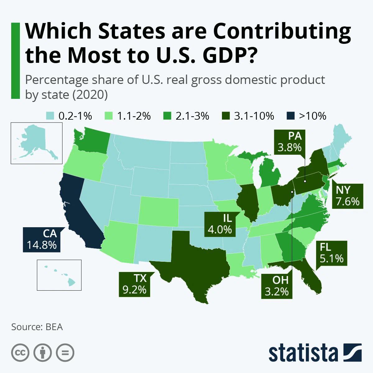Each state’s contribution to the US GDP, 2020. Maps on the Web