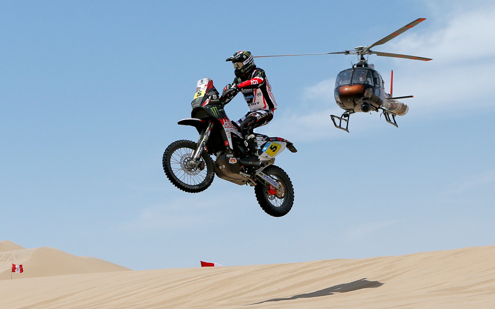 Airborne (Husqvarna rider Joan Barreda Bort of Spain competes in stage one of the Dakar