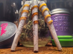 shesmokesjoints:  Three beautifully twaxed joints ^_^  Twaxed means I added “wax” to my joint, from left to right there’s blue dream, train wreck and blackberry kush shatter :)