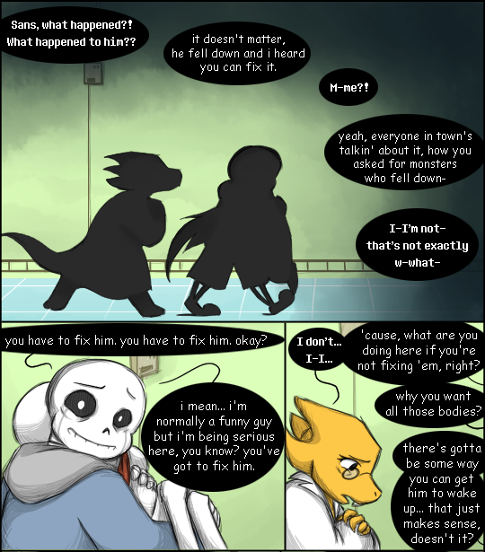 zarla-s:  This may be the worst idea I’ve ever had. Contains spoilers for the end of the True Pacifist route! The single image version is here. * It makes a joke about spaghetti. It hates its own joke.* It tidies up the place, then immediately scatters