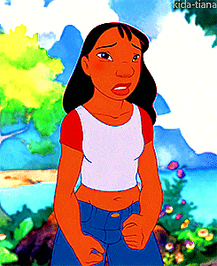 kida-tiana:Lilo! She’s a little girl this big, she has black hair and brown eyes and she hangs around with that THING!