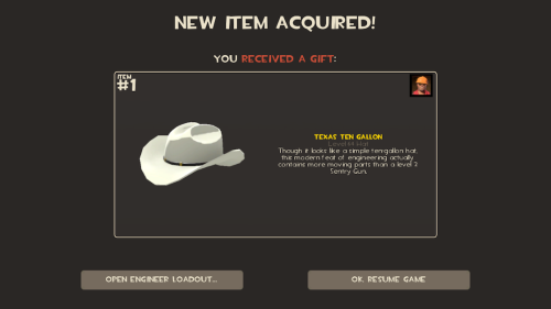 eucynonymous:  holy crap I just got my first hat in TF2 AND IT’S THE TEXAS GODDAMN TEN GALLON :D I mean it’s not technically my first hat drop, I unboxed it from that free Mann Co shopping bag thingy-whatsit. Still haven’t had a hat drop in-game