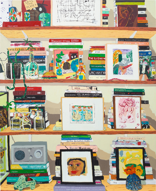 Hilary Pecis (American, b. 1979), Adrianne’s Bookshelf, 2020. Acrylic on canvas, 54.25 x 44 in