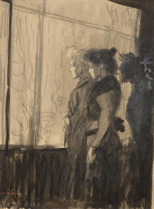 blastedheath:Théophile-Alexandre Steinlen (1859-1923), Night scene with two women in front of a shop