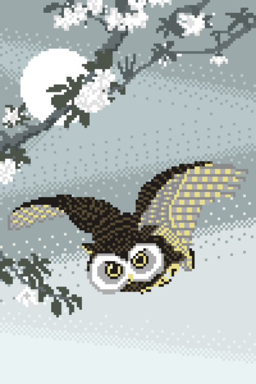 Ukiyoe × Pixelart：Flying owlOriginal Ukiyoe：Koson Ohara（1877-1945）