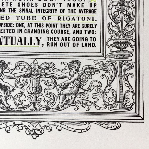 [image description: 9 photos of an 8x11 inch letterpress printed broadside with an illustrated borde