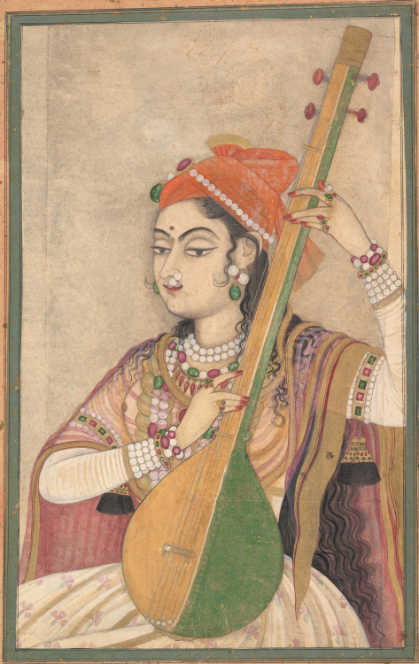“Lady playing the Tanpura, Indian painting in the so-called Rajasthan style c. 1735