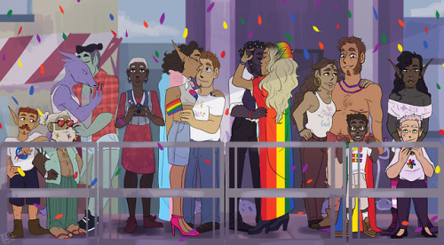 gay-spaceman:Happy Pride Month! [ID: a drawing of many TAZ characters, standing behind a railing (ma