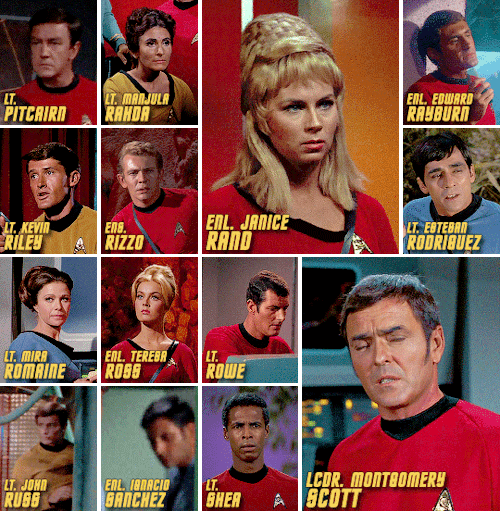 Pitcairn - Lieutenant - Security Chief - Operations - 2267 - 2 episodes
Manjula Rahda - Lieutenant - Helmsman - Command - 2268 episode
Janice Rand - Enlisted - Yeoman - Operations - 2266 Left Enterprise Before 2268- 8 episodes
Edward Rayburn - Enlisted - Security Officer - Operations - Died 2266 - 1 episode
Kevin Riley - Lieutenant - Navigator - Command - 2266 - 2 episodes
Rizzo - Ensign - Security Officer - Operations - Died 2268 - 1 episode
Esteban Rodriguez - Lieutenant - ??? - Sciences - 2267 - 1 episode
Mira Romaine - Lieutenant - Specialist - Sciences - 2269 - 1 episode
Teresa Ross - Enlisted - Yeoman - Operations - 2267 - 1 episode
Rowe - Lieutenant - Security Officer - Operations - 2268 - 1 episode
John Russ - Lieutenant - ?Engineer? - Command - 2267 - 1 episode
Ignacio Sanchez - ??? - Physician - Sciences - 2268 - 1 episode
Montgomery Scott - Lieutenant Commander - Chief Engineer - Operations - 2265-2269 - 65 episode
Shea - Lieutenant - Security Officer - Operations - 2268 - 1 episode