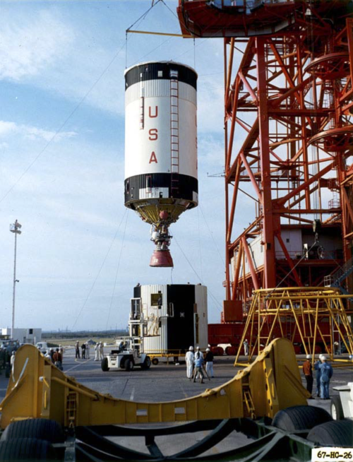 A Saturn 5 third stage (S-IVB), as used during the Apollo-missions, being prepped for integration.&n