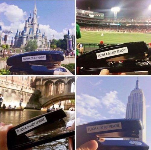 theinturnetexplorer:Employee takes company stapler on a wild vacationFloor 4 is badass