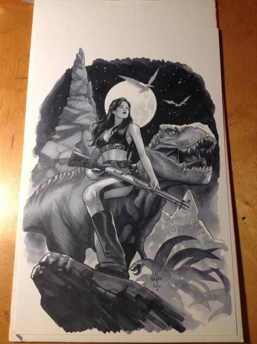 Hannah Dundee and friends (Xenozoic Tales), full figure commission 11x17″, cool gray copic mar