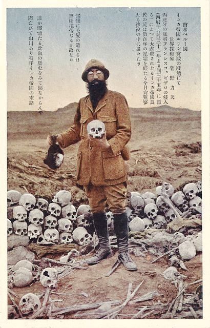 Peru - Explorer Kanno Rikio, Skulls at Inca Ruins, Japanese postcard