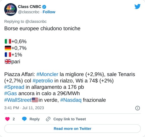 Borse europee chiudono toniche  🇮🇹+0,6% 🇩🇪+0,7% 🇫🇷+1% 🇬🇧pari  Piazza Affari: #Moncler la migliore (+2,9%), sale Tenaris (+2,7%) col #petrolio in rialzo, Wti a 74$ (+2%)#Spread in allargamento a 176 pb#Gas ancora in calo a 29€/MWh#WallStreet🇺🇸in verde, #Nasdaq frazionale  — Class CNBC (@classcnbc) July 11, 2023