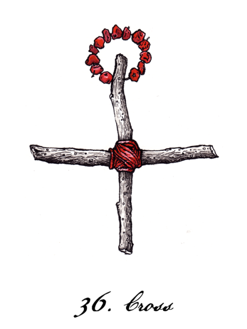 hedgerow-lenormand:36. CrossThe Rowan-cross, made from twigs of the Rowan (mountain ash) tree tied w
