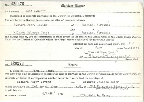 todaysdocument:Richard and Mildred Loving’s marriage license, 6/2/1958.  As an interracial couple, t
