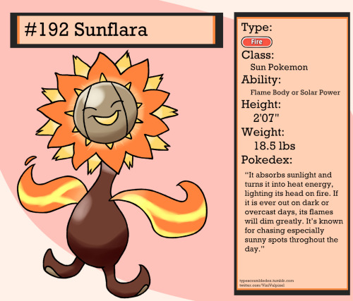 192 - SunflaraSun Pokemon“It absorbs sunlight and turns it into heat energy, lighting its head on fi